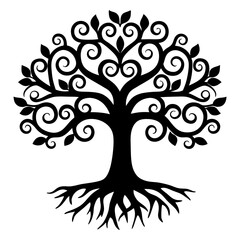 Ornate Black Tree of Life with Swirling Branches and Deep Roots Illustration