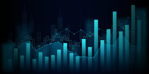 Abstract financial graph with uptrend line and bar chart of stock market on blue color background