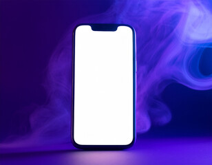 Smart phone with clean white screen and purple smoke on backdrop. Mockup blank display