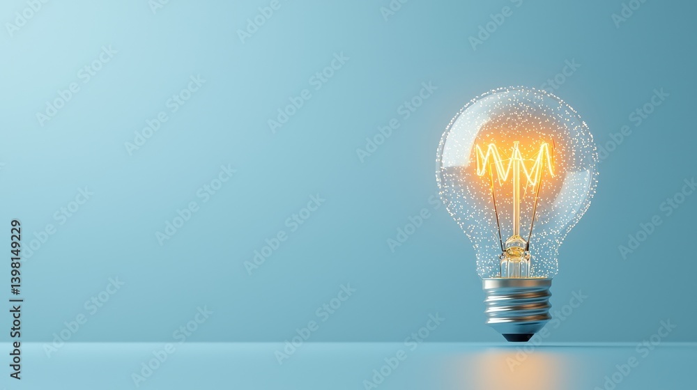 Poster glowing lightbulb illuminated against a blue background representing the spark of a new idea creativ