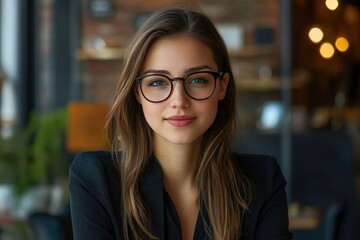 A Woman Wearing Glasses Smiles Confidently in a Well-Lit Room, Exuding Professionalism and Approachability