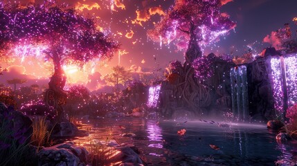 Enchanted forest at sunset with waterfalls, vibrant flora, and shimmering reflections on water