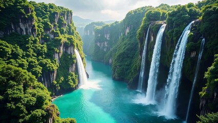 Cliffside waterfall crashing into a jade lagoon surrounded by limestone spires