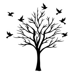 Obraz premium Silhouette of a leafless tree with birds flying around it peaceful nature scene