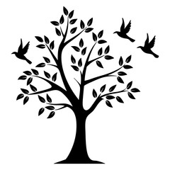 Black Silhouette of a Tree with Birds in Flight Peaceful Nature Scene
