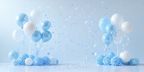 A pastel blue themed party border with scattered confeti