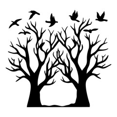 Silhouette of two bare trees with birds flying overhead a stark winter scene