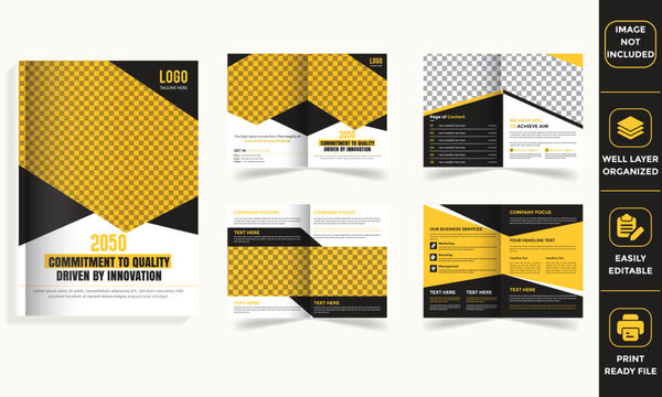 
Multi-page corporate brochure, annual report, and magazine layout featuring yellow and black accents suit business presentations, branding, and marketing.