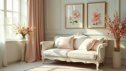 Elegant living room interior design featuring a cream colored sofa, blush pink accents, and floral arrangements