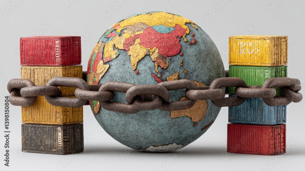 Aufkleber chained globe, a symbol of global interconnections and constraints globe