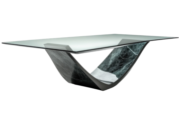 Elegant glass top dining table with a sleek, curved dark marble base, creating a modern and sophisticated centerpiece for any home.