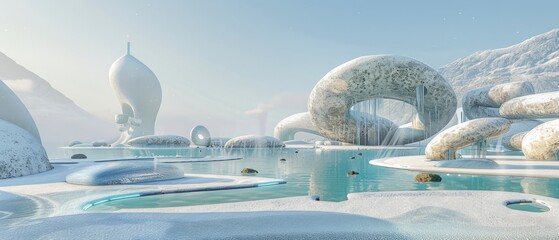 Serene winter landscape featuring abstract sculptures and icy water reflecting a tranquil sky