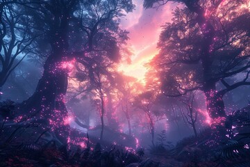 Enchanted forest at twilight with glowing particles and vibrant colors illuminating the trees
