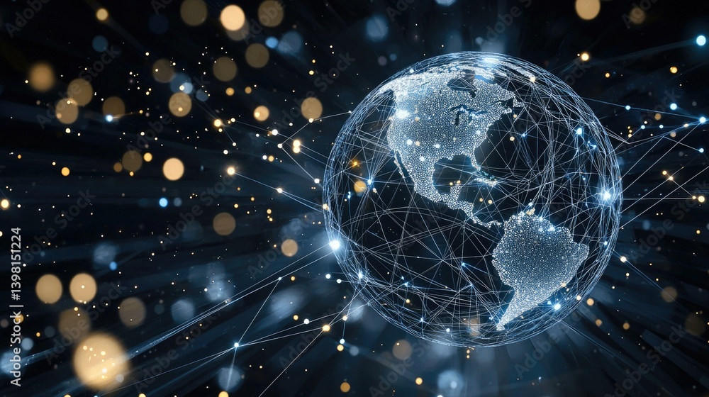 Poster a transparent digital globe surrounded by high-speed data lines and abstract visuals