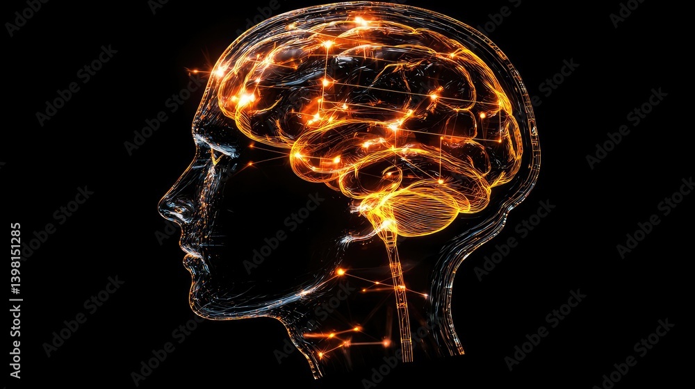 Poster a transparent digital human head with holographic circuit pathways and neural networks.