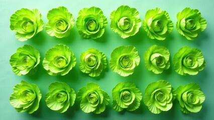 Vibrant Lime Green Floral Arrangement of Cabbage Roses in a Symmetrical Pattern on a Pastel Background