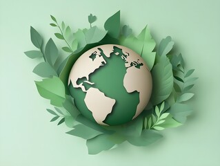 Simplified paper cutout of the Earth surrounded by green leaves and plants