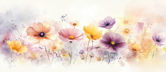 Pastel flowers watercolor, garden meadow, spring. Home decor