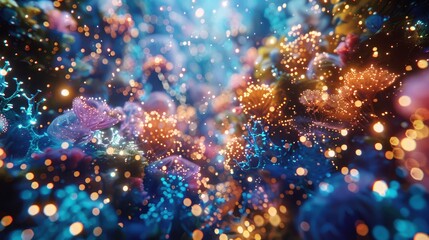 Colorful underwater scene with vibrant corals and shimmering lights creating a magical atmosphere
