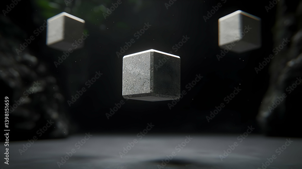 Poster abstract floating gray cubes in dark background