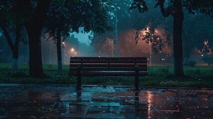Serene park bench under rain at dusk, surrounded by misty trees and soft glowing streetlights