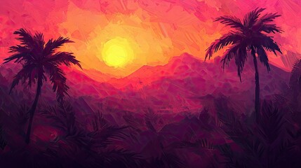 Fototapeta premium A vibrant sunset over distant mountains, palm trees standing as dark silhouettes against a glowing pink-orange sky.