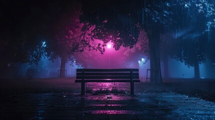 Serene night scene in a park with a lone bench under colorful lights and rain, evoking calmness