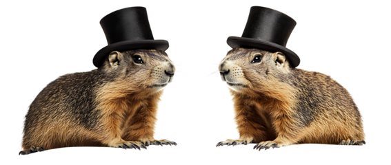 two groundhogs wearing top hats isolated on white background PNG.AI GENERATED