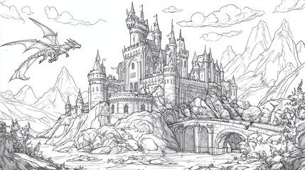 Obraz premium A detailed line drawing of a medieval castle with dragons and mountains in the background, creating a fantastical and epic scene.