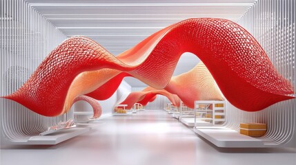 Futuristic abstract sculpture in a modern architectural space  long title Striking red organic sculpture with fluid dynamic forms set against a