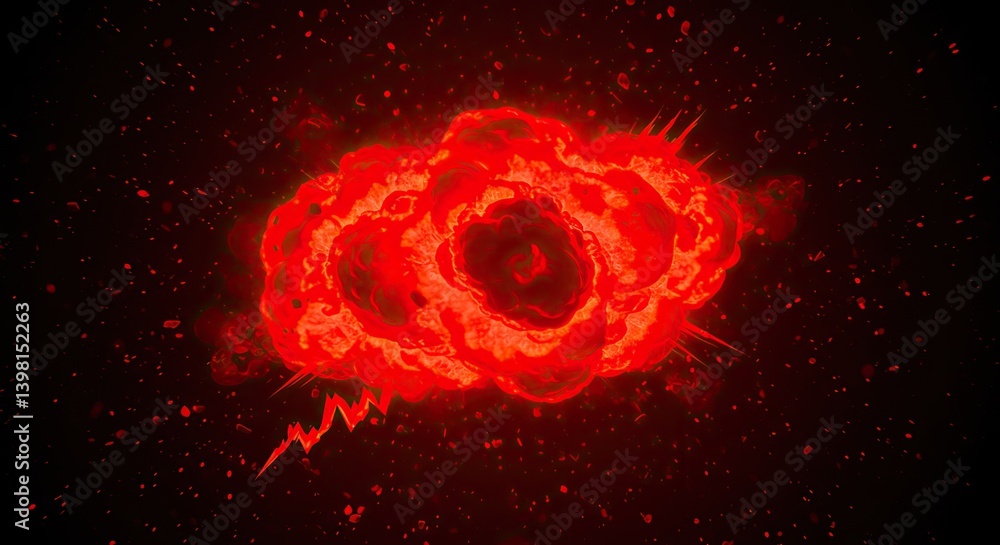Poster abstract red glowing cloudlike shape with central vortex and particles against dark background