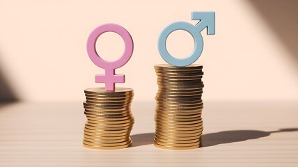 Gender Pay Gap Concept: Equal Stacks of Gold Coins with Female and Male Symbols, Symbolizing the Disparity in Earnings on a Light Wooden Surface