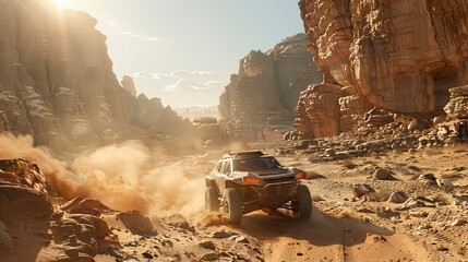 Off-road vehicle navigating through a rocky desert canyon at sunset, with dust clouds and dramatic cliffs