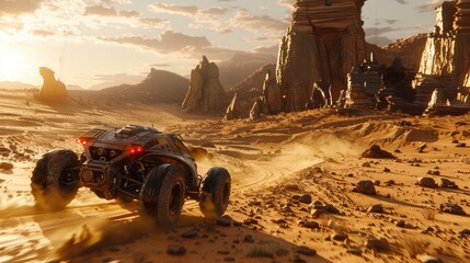 Off-road vehicle racing through a desert landscape at sunset with dramatic rock formations
