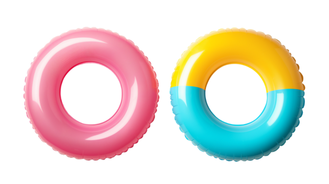 Two Set of Colorful swim inflatable ring or rubber ring isolated on white and transparent background, cut out png