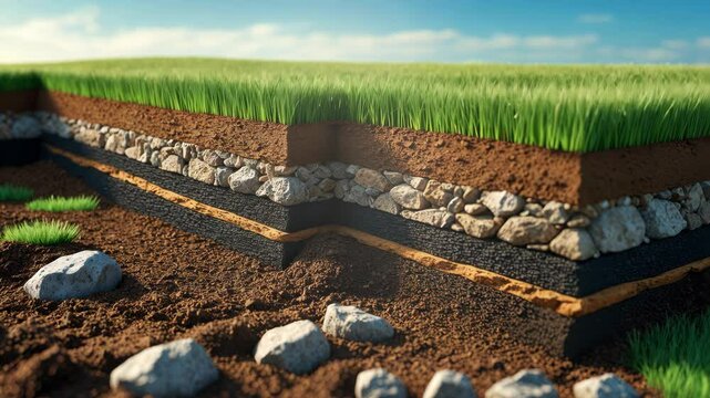 Earth's Texture Layers Banner: Cross-section Showing Grass and Subsoil Layers Beneath. Natural Soil Profile with Different Layers.