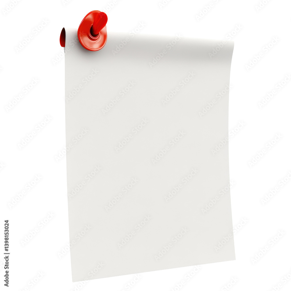 Poster blank white paper sheet with a red pusher placed on a surface ready for writing or creative projects