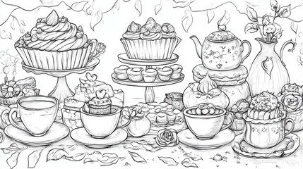 A whimsical line drawing of teacups and cupcakes decorated with hearts and topped with whipped cream, set against a backdrop of clouds.