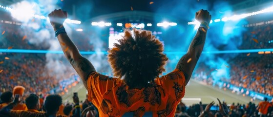 Excited sports fan celebrating a victory in a vibrant stadium filled with cheering crowds and smoke