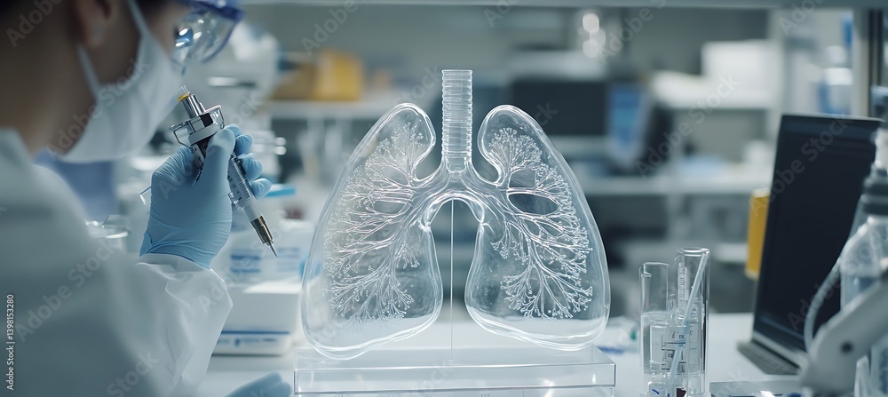 Poster scientists in a futuristic laboratory observing a lungs model on a digital screen while discussing n