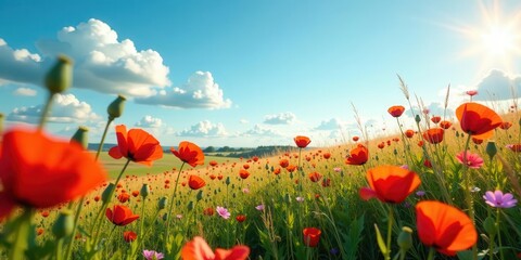 Vibrant Red Poppies Blooming in a Sunlit Meadow Under a Blue Sky with Fluffy White Clouds