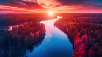 Serene sunset over a winding river surrounded by vibrant forests and a colorful sky