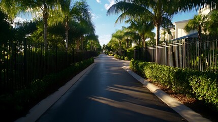 Obraz premium Sunny Palm Tree Lined Driveway in Florida.