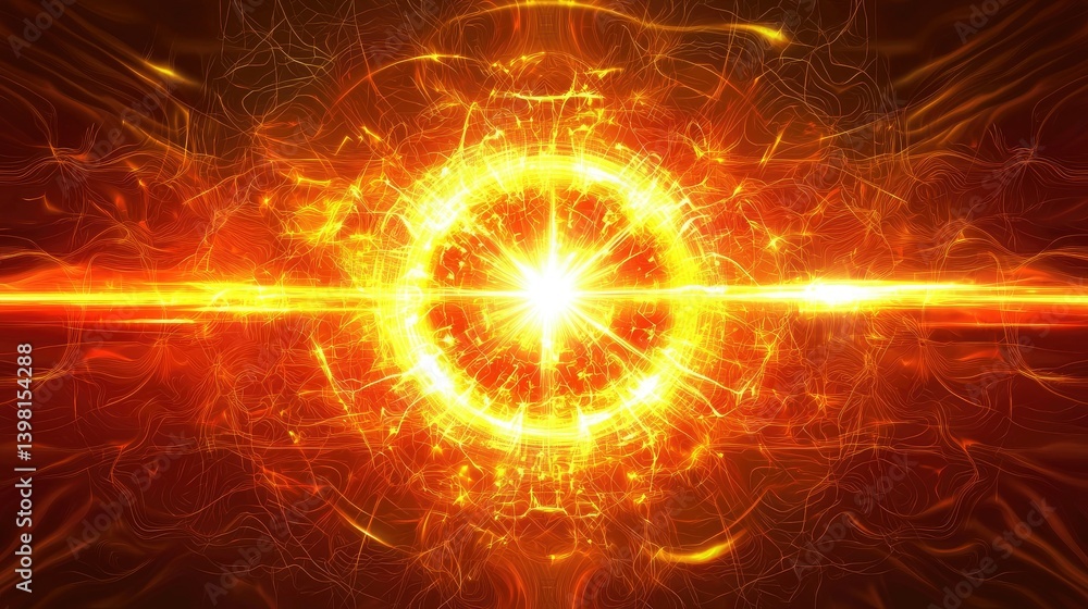 Poster abstract digital data representation with radiant energy waves and bright neon particles.