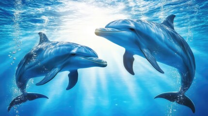 Naklejka premium Two dolphins swimming in clear blue ocean water with sunlight streaming through the surface