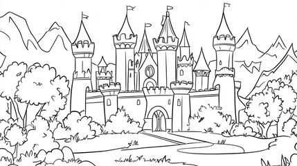 A detailed line drawing of a castle set against a backdrop of mountains and trees, evoking a fairytale atmosphere.