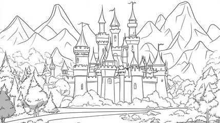 A detailed line drawing of a castle set against a backdrop of mountains and trees, evoking a fairytale atmosphere.