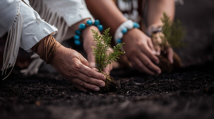 Indigenous community members planting native tree saplings in fertile soil, symbolizing environmental care and cultural connection. Hands adorned with traditional jewelry emphasize heritage
