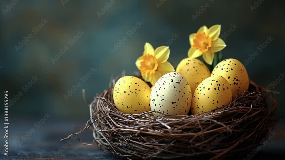 Poster bright eggs in a rustic nest. yellow speckled eggs rest in a natural nest alongside blooming daffodi