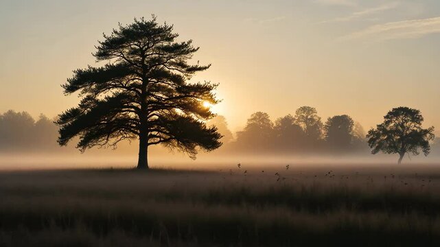 The Veluwe transforms into gold during a foggy autumn sunrise. At times, it appears akin to Africa on the Veluwe in the early hours. A solitary pine tree is positioned on the heath amidst the morning